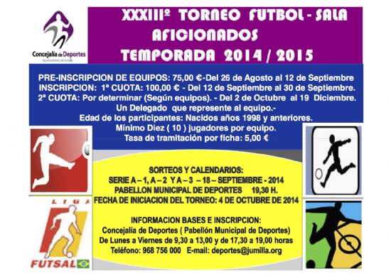 Permanece abierto el plazo de preinscripciones para los Torneos de Ftbol Sala Aficionados y Veteranos 2014/2015